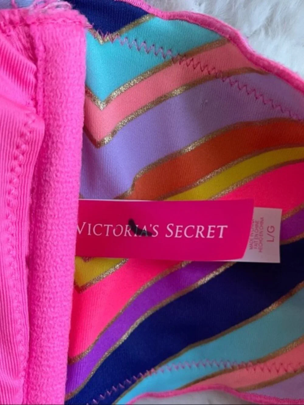 Victoria's Secret | Rainbow Foil Ruffle Chevron Stripe Bikini Top | Size Large